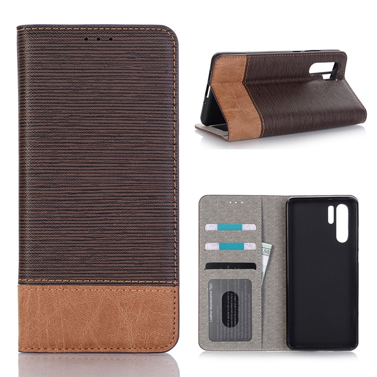 Bi-color Toothpick Texture Leather Wallet Stand Case for Huawei P30 Pro - Coffee-1