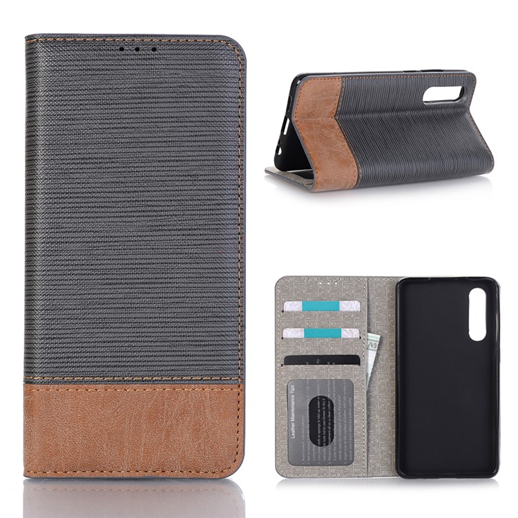 Bi-color Toothpick Texture Leather Wallet Case for Huawei P30 - Black-1