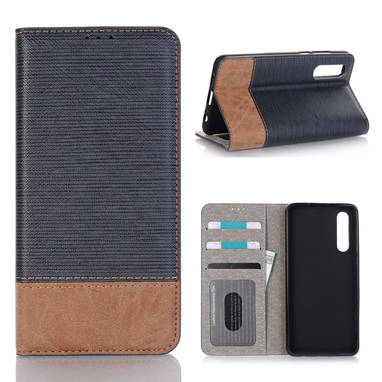 Bi-color Toothpick Texture Leather Wallet Cover for Huawei P30 - Blue-1