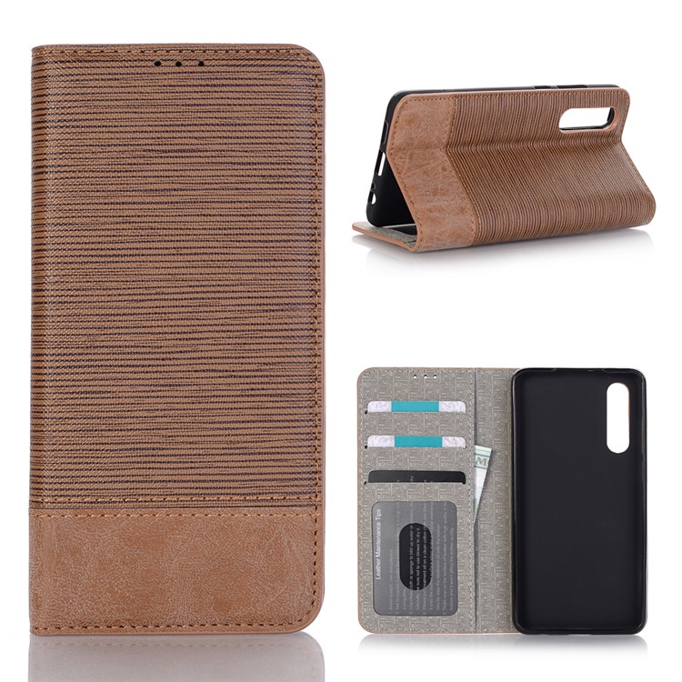 Bi-color Toothpick Texture Leather Wallet Phone Case for Huawei P30 - Brown-1