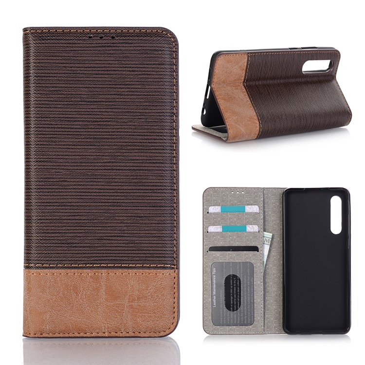 Bi-color Toothpick Texture Leather Wallet Shell Case for Huawei P30 - Coffee-1