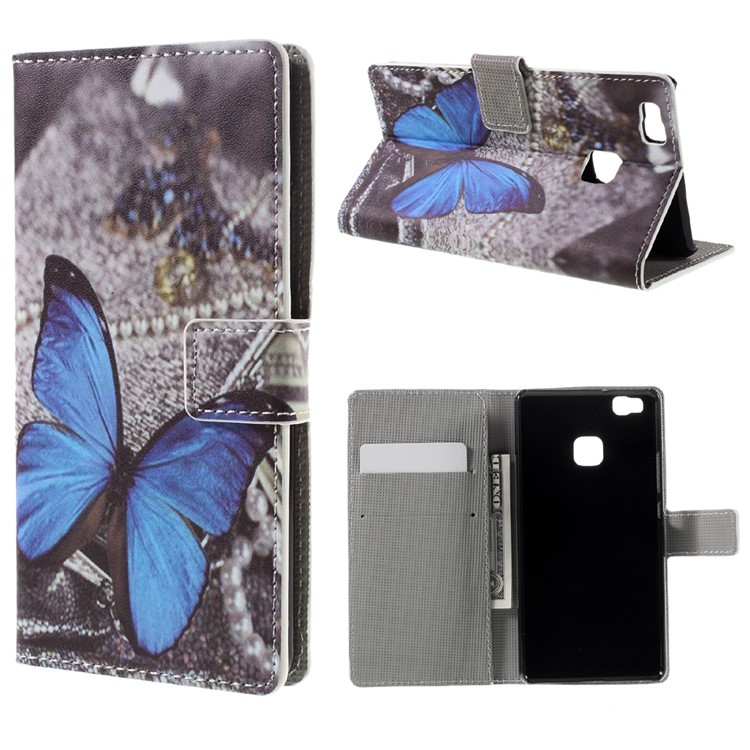 Patterned Leather Wallet Cover for Huawei P9 Lite - Blue Butterfly-1