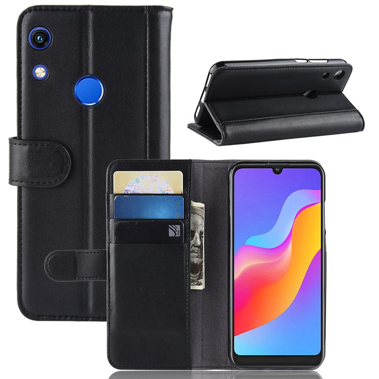 Genuine Split Leather Wallet Stand Phone Case for Huawei Honor 8A - Black-1