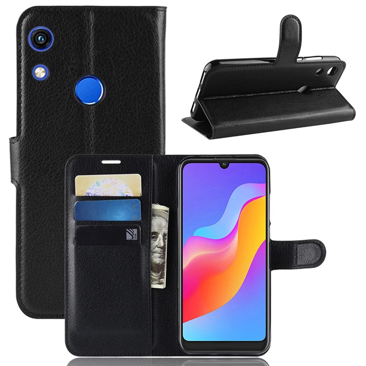 Litchi Skin Wallet Leather Stand Case for Huawei Honor 8A - Black-1