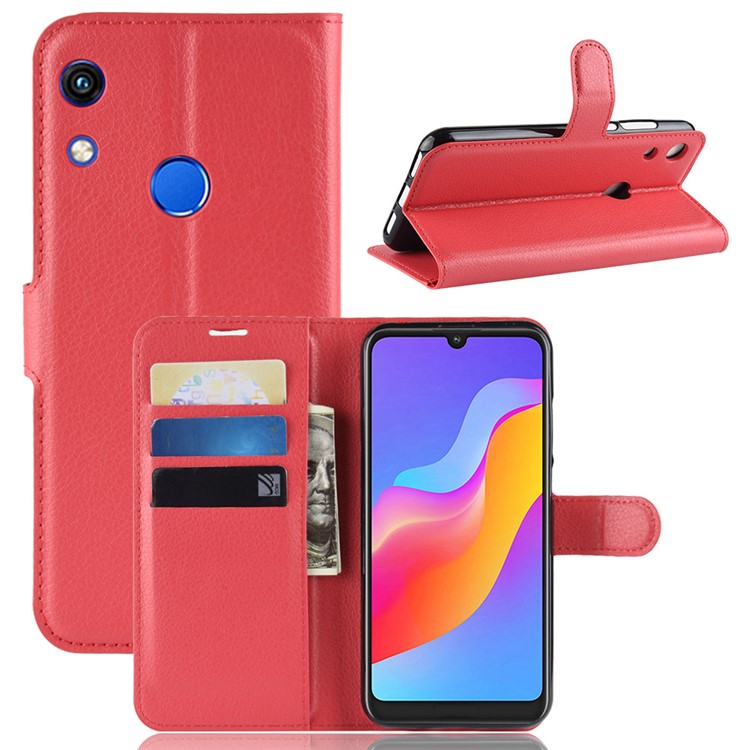 Litchi Skin Wallet Leather Stand Flip Cover for Huawei Honor 8A - Red-1