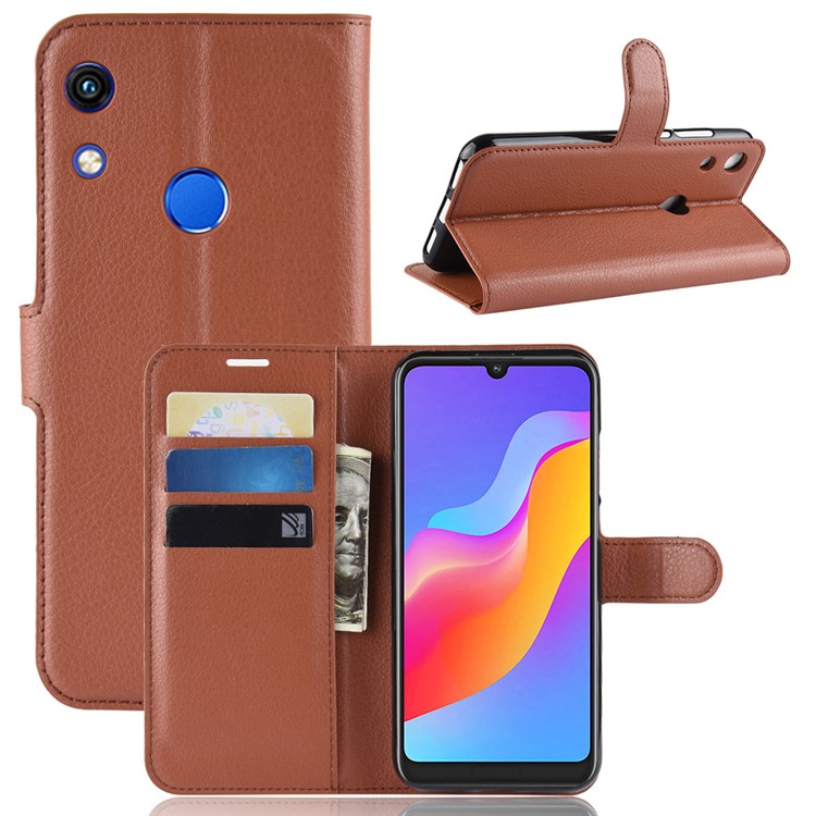 Litchi Skin Wallet Leather Stand Cell Phone Case for Huawei Honor 8A - Brown-1