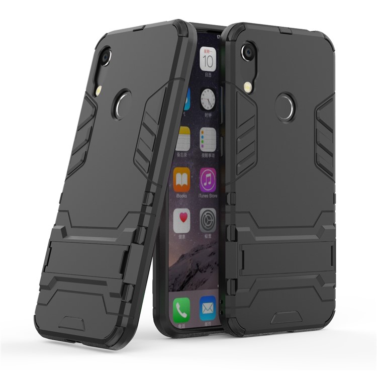 Per Huawei Honor 8a / Y6 (2019, Con Sensore di Impronte Digitali) / Y6 Prime (2019) Cool Guard Kickstand PC + TPU Hybrid Phone Case - Nero