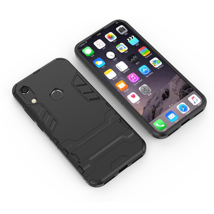 Per Huawei Honor 8a / Y6 (2019, Con Sensore di Impronte Digitali) / Y6 Prime (2019) Cool Guard Kickstand PC + TPU Hybrid Phone Case - Nero