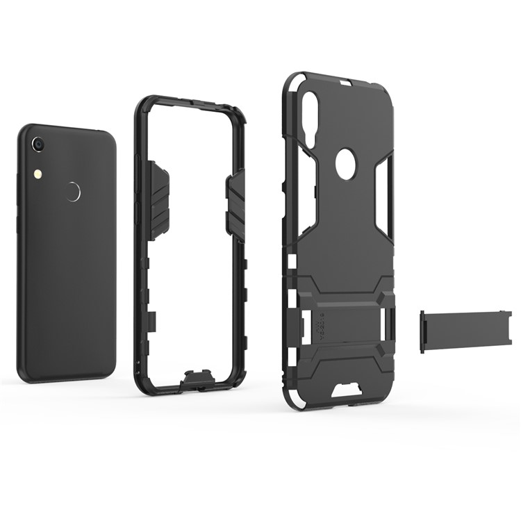 Para Huawei Honor 8a / Y6 (2019, Com Sensor de Impressão Digital) / Y6 Prime (2019) Cool Guard Kickstand PC + TPU Caixa de Telefone Híbrido - Preto