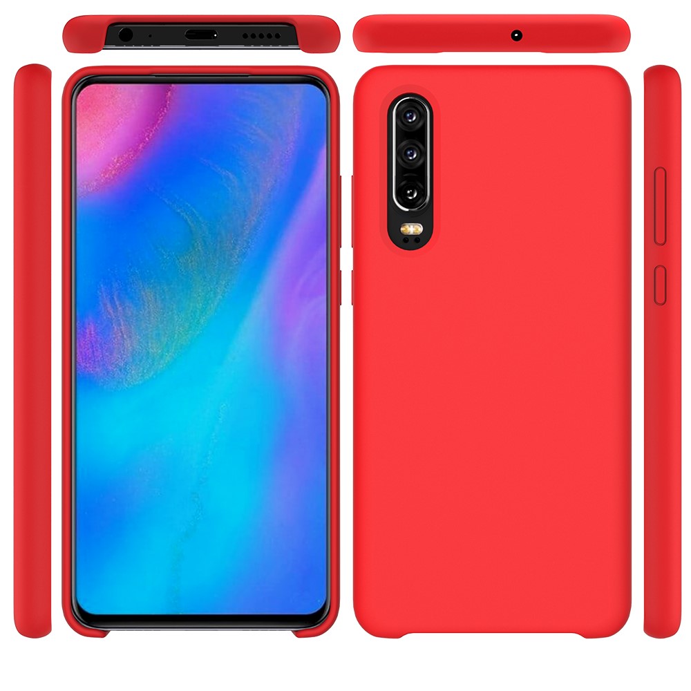 For Huawei P30 Liquid Silicone Protector Case with Soft Anti-Scratch Microfiber Lining - Red-5