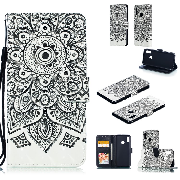 Pattern Printing Light Spot Decor Stand Leather Wallet Case for Huawei Honor 10 Lite / P Smart (2019) - Black Flower-1