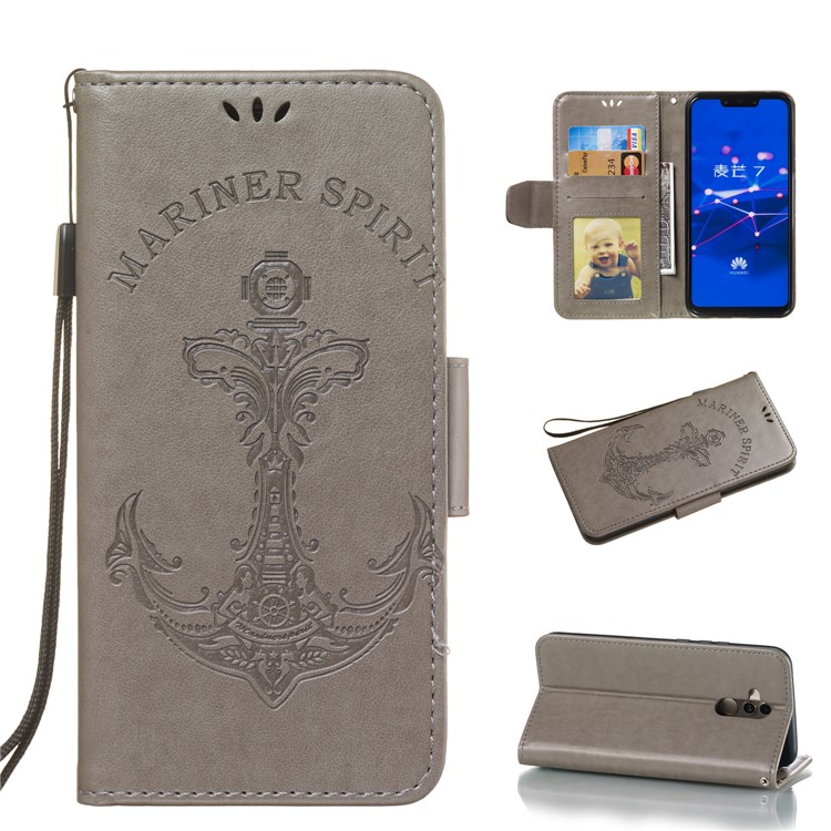 Imprint Anchor Wallet Leather Case for Huawei Mate 20 Lite / Maimang 7 - Grey-1