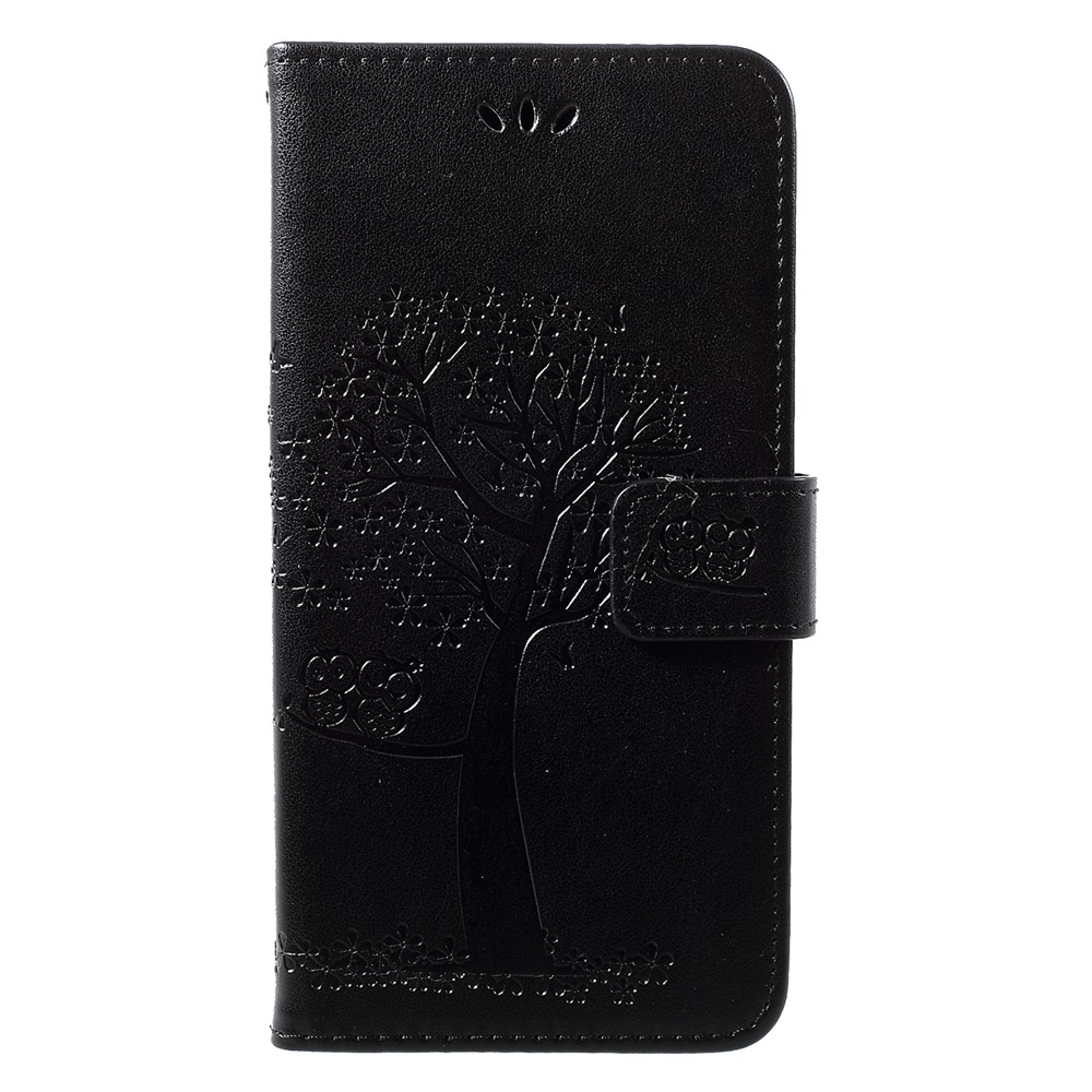 Imprint Tree Owl Wallet Leather Stand Cover for Huawei Y7 (2019) - Black-1