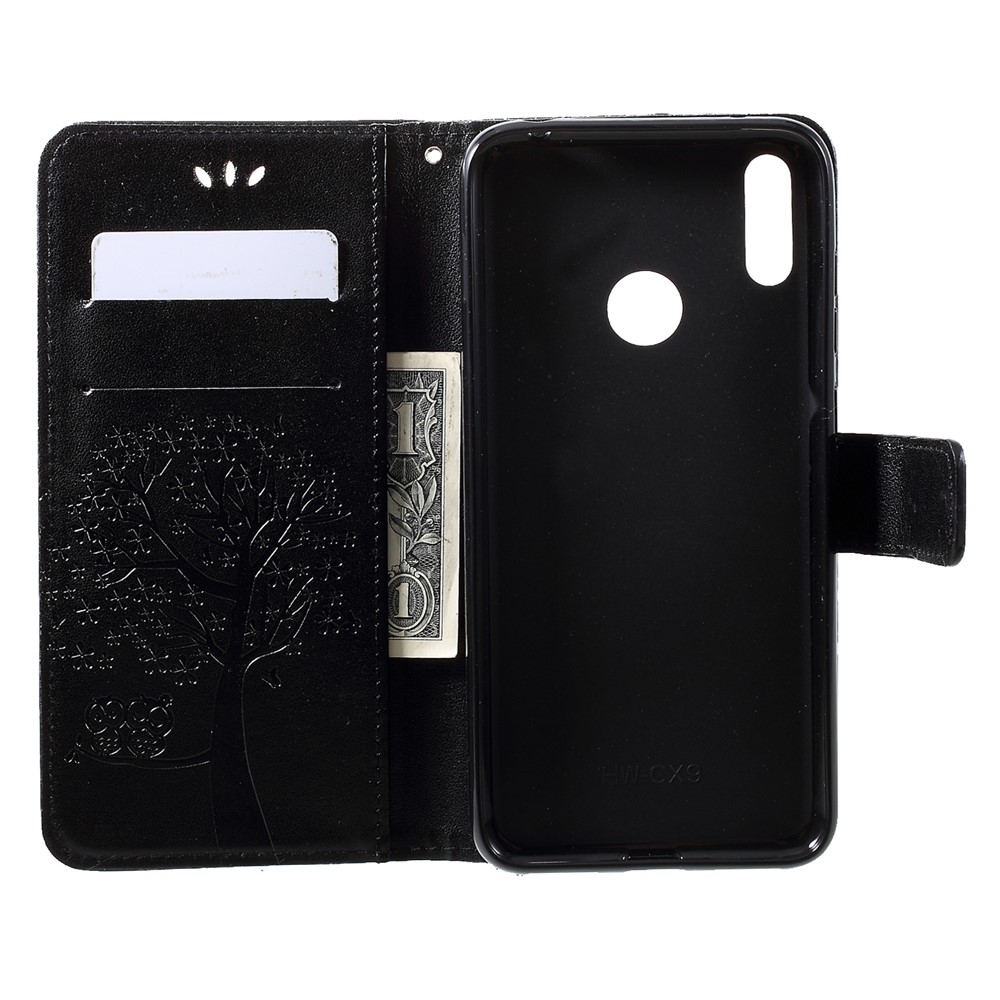 Imprint Tree Owl Wallet Leather Stand Cover for Huawei Y7 (2019) - Black-6
