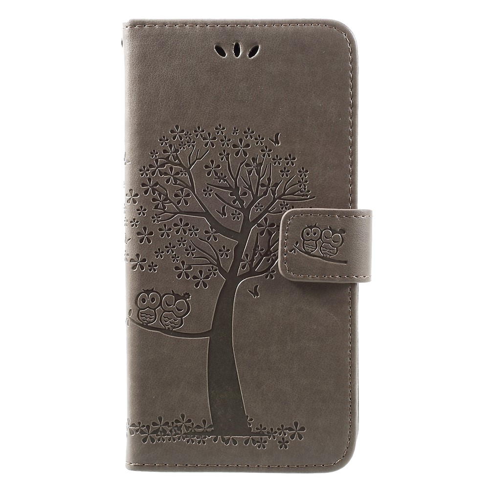 Imprint Tree Owl Wallet Leather Stand Phone Case for Huawei Y7 (2019) - Grey-1