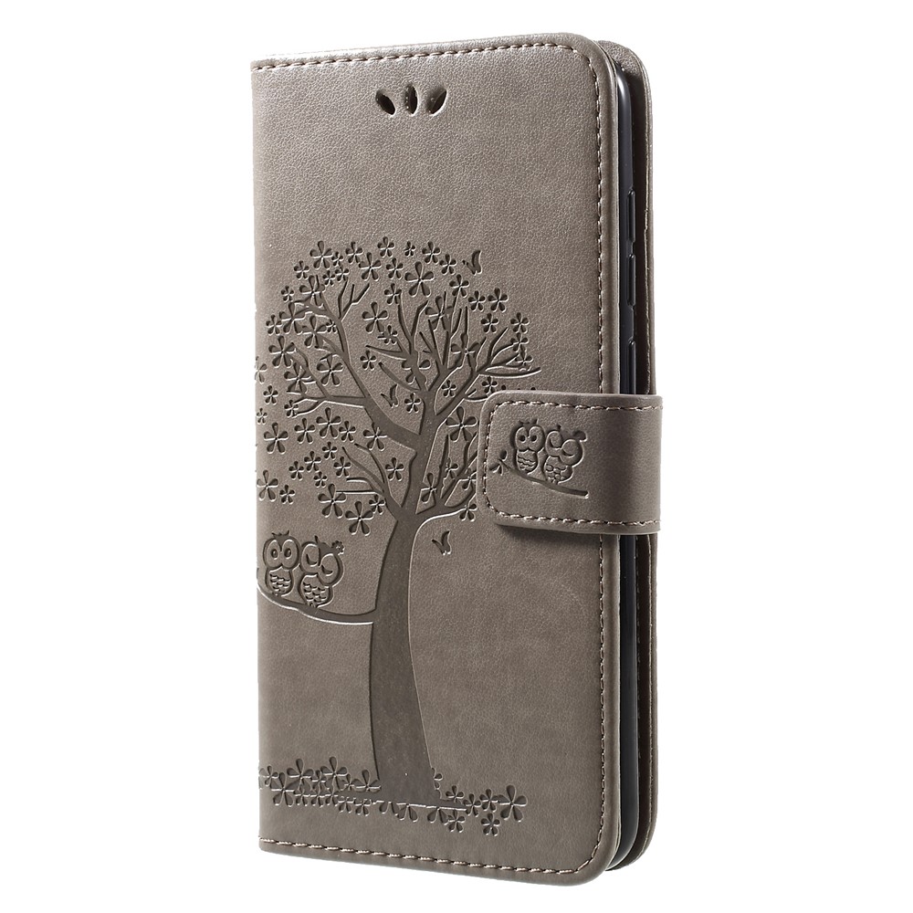 Imprint Tree Owl Wallet Leather Stand Phone Case for Huawei Y7 (2019) - Grey-3