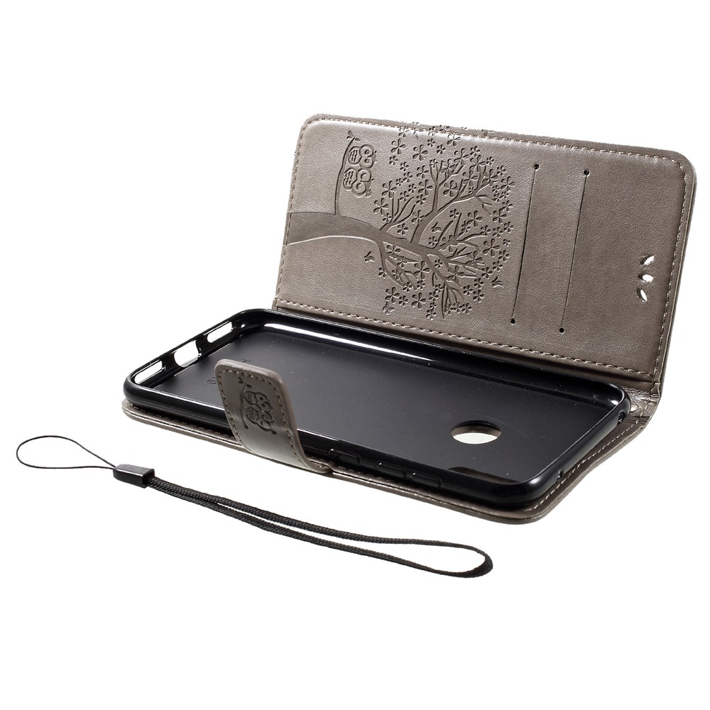 Imprint Tree Owl Wallet Leather Stand Phone Case for Huawei Y7 (2019) - Grey-5