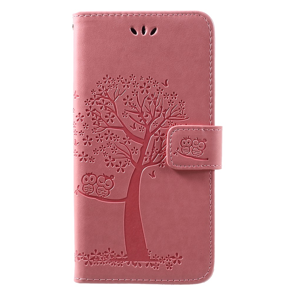 Imprint Tree Owl Magnetic Leather Stand Case for Huawei Y7 (2019) - Pink-1