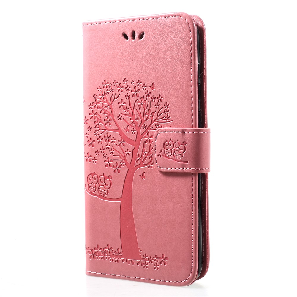 Imprint Tree Owl Magnetic Leather Stand Case for Huawei Y7 (2019) - Pink-3