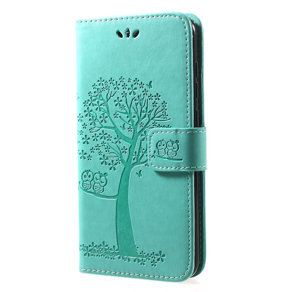 Imprint Tree Owl Magnetic Leather Stand Cover for Huawei Y7 (2019) - Green-3