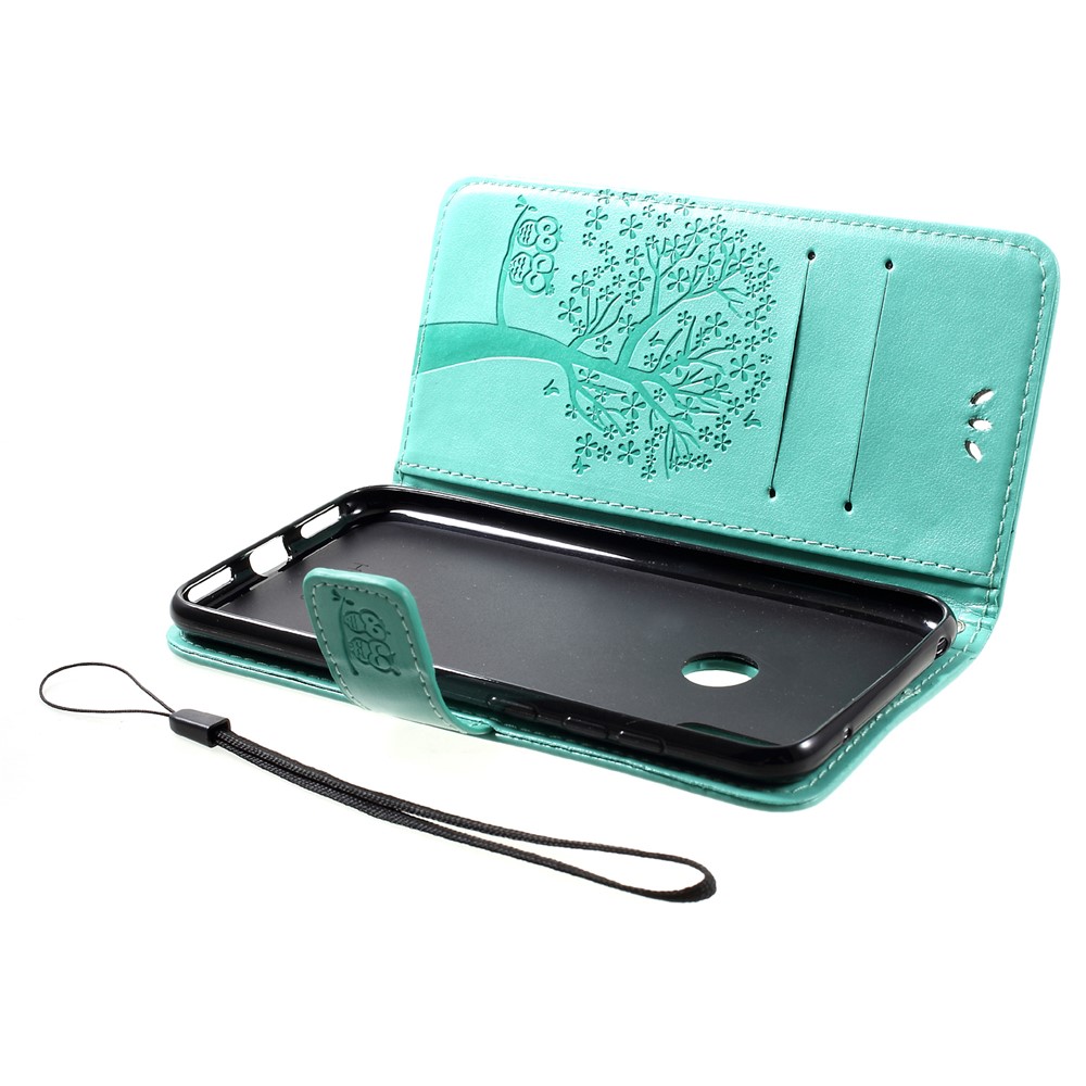 Imprint Tree Owl Magnetic Leather Stand Cover for Huawei Y7 (2019) - Green-5