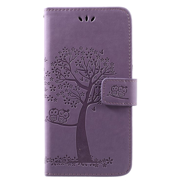 Imprint Tree Owl Wallet Leather Case with Stand for Huawei Y7 (2019) - Light Purple-1