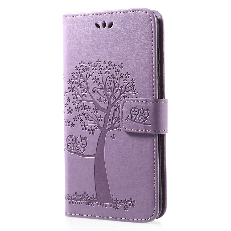 Imprint Tree Owl Wallet Leather Case with Stand for Huawei Y7 (2019) - Light Purple-3