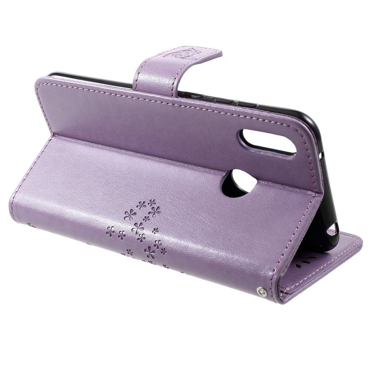 Imprint Tree Owl Wallet Leather Case with Stand for Huawei Y7 (2019) - Light Purple-4