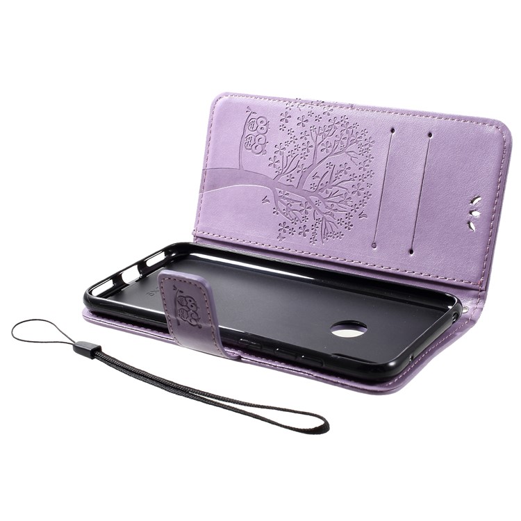Imprint Tree Owl Wallet Leather Case with Stand for Huawei Y7 (2019) - Light Purple-5