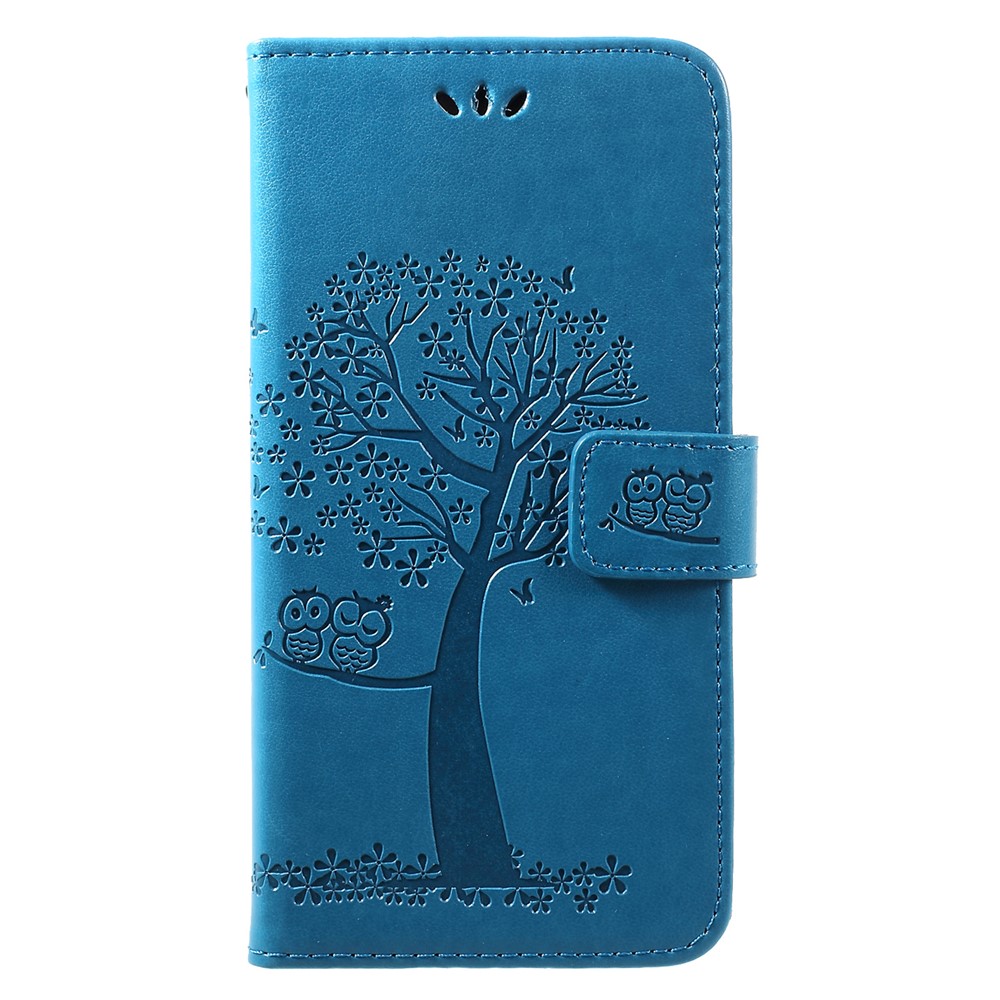 Imprint Tree Owl Wallet Leather Cover with Stand for Huawei Y7 (2019) - Blue-1