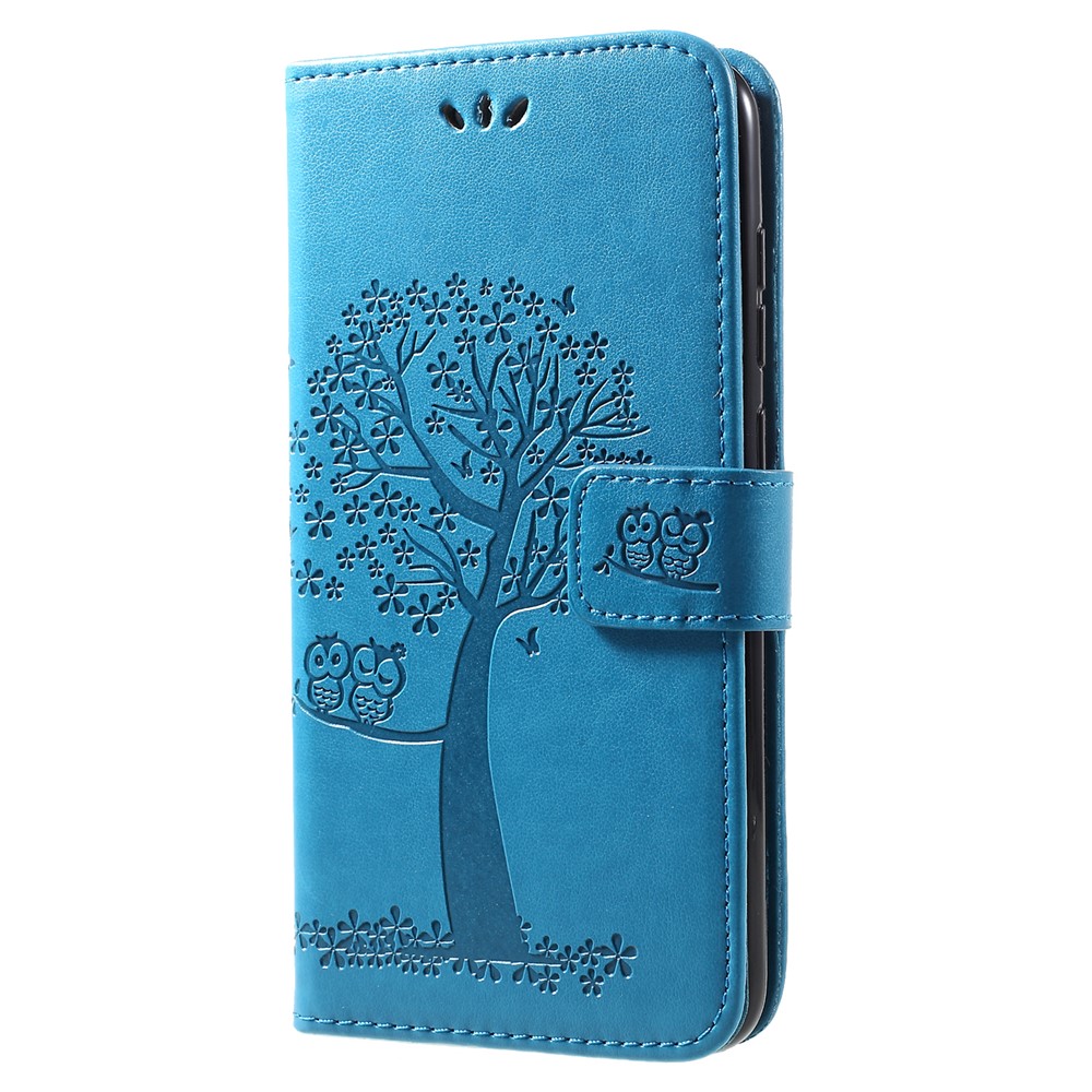 Imprint Tree Owl Wallet Leather Cover with Stand for Huawei Y7 (2019) - Blue-3