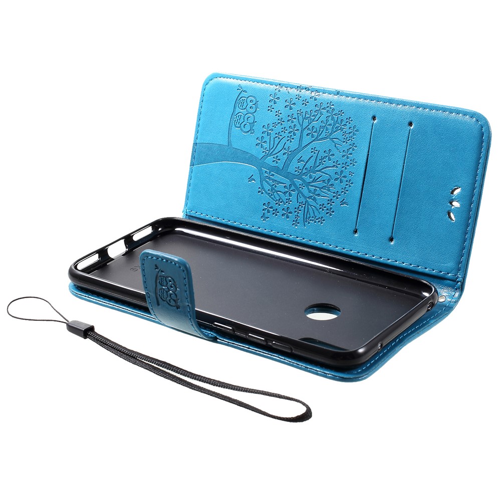 Imprint Tree Owl Wallet Leather Cover with Stand for Huawei Y7 (2019) - Blue-5