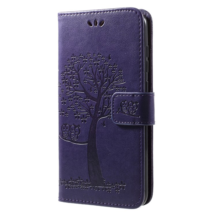 Imprint Tree Owl Wallet Leather Magnetic Case for Huawei Y7 (2019) - Dark Purple-3