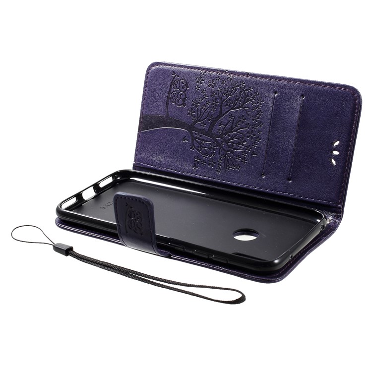 Imprint Tree Owl Wallet Leather Magnetic Case for Huawei Y7 (2019) - Dark Purple-5
