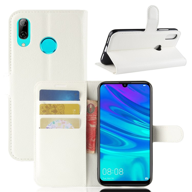 Litchi Texture Wallet Leather Protector Cover for Huawei Y7 (2019) - White-1