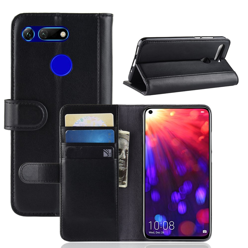 Genuine Split Leather Wallet Cell Phone Cover for Huawei Honor View 20/Honor V20 - Black-2