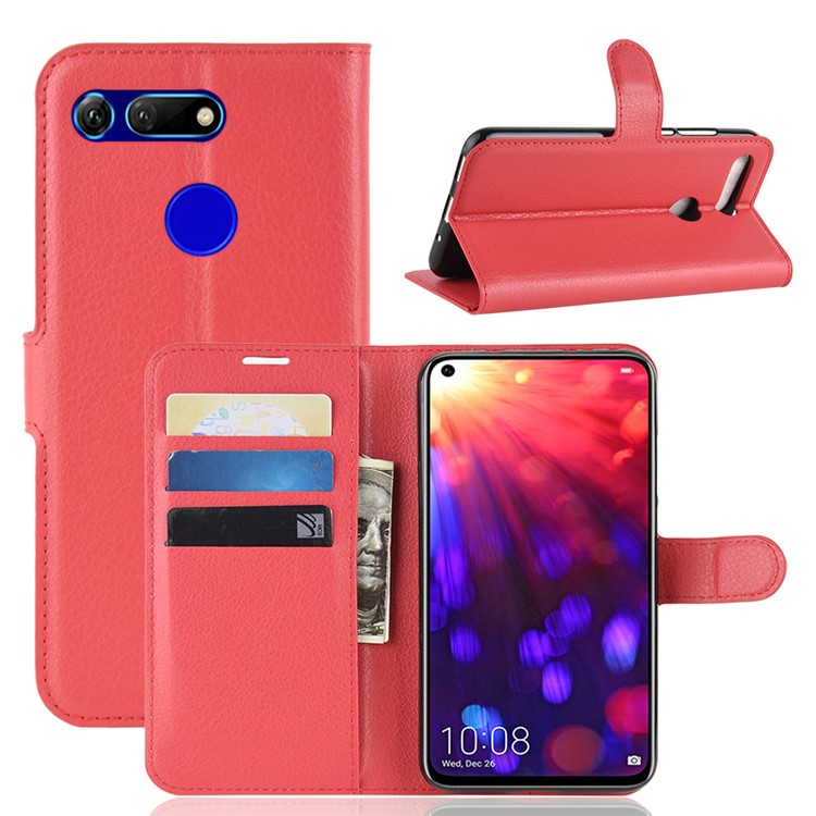 Litchi Texture Wallet Stand Leather Shell for Huawei Honor View 20 / Honor V20 - Red-1