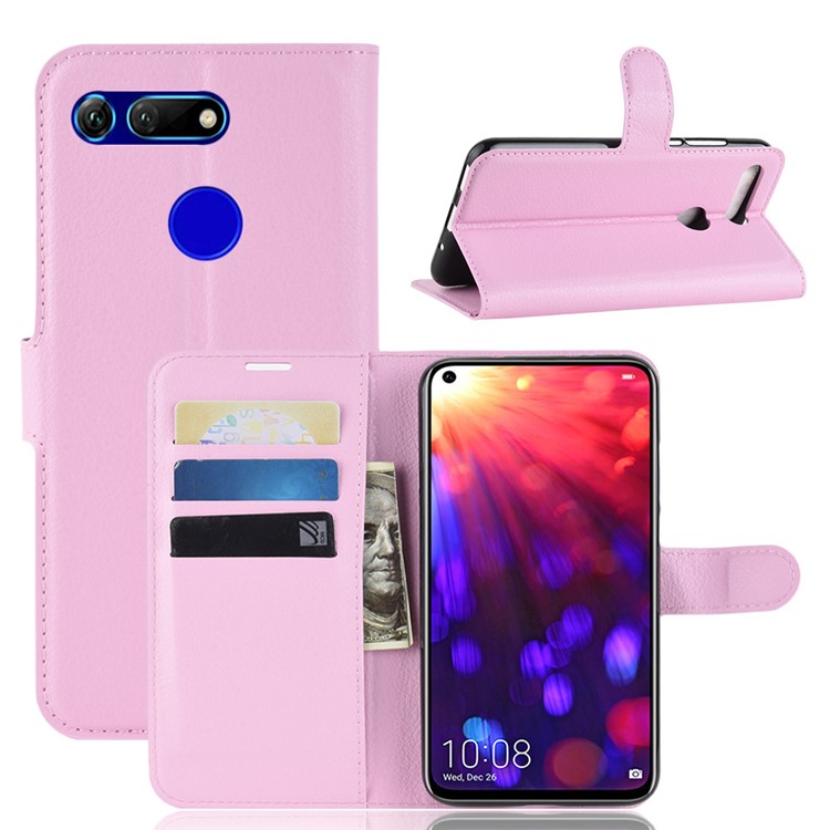 Litchi Texture Protective Leather Case with Stand for Huawei Honor View 20 / Honor V20 - Pink-1