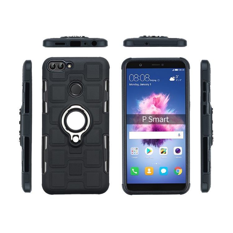 Geometric Pattern TPU PC Hybrid Case with Magnetic Car Mount Ring Holder for Huawei P Smart (2017) - Black-2
