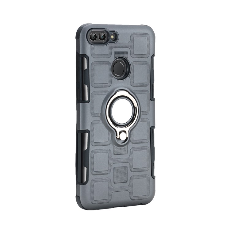 Geometric Pattern TPU PC Hybrid Shell with Magnetic Car Mount Ring Holder for Huawei P Smart (2017) - Grey-3