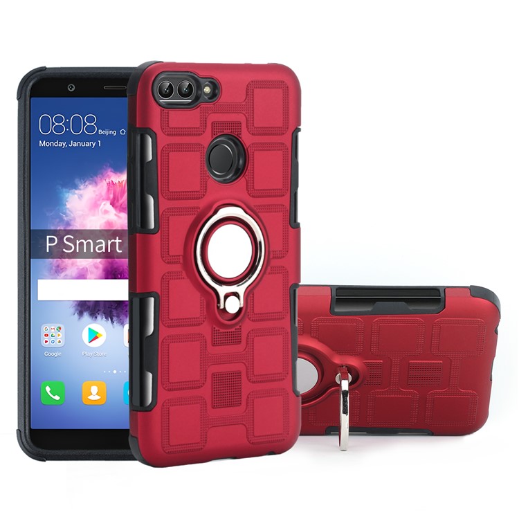 Geometric Pattern TPU PC Hybrid Casing with Magnetic Car Mount Ring Holder for Huawei P Smart (2017) - Red-1