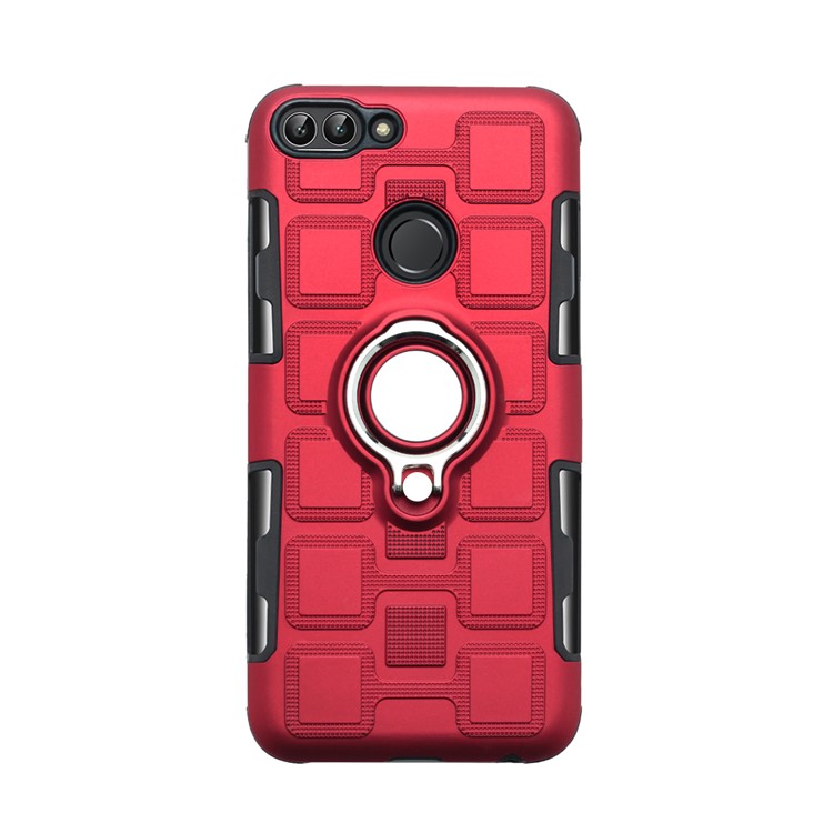 Geometric Pattern TPU PC Hybrid Casing with Magnetic Car Mount Ring Holder for Huawei P Smart (2017) - Red-2
