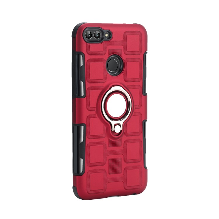 Geometric Pattern TPU PC Hybrid Casing with Magnetic Car Mount Ring Holder for Huawei P Smart (2017) - Red-3