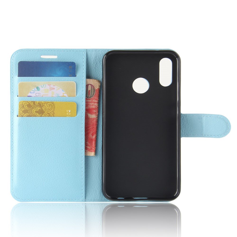 Litchi Skin PU Leather Case Magnetic Closure Folio Flip Wallet Stand  Shell for Huawei P30 Lite - Blue-3