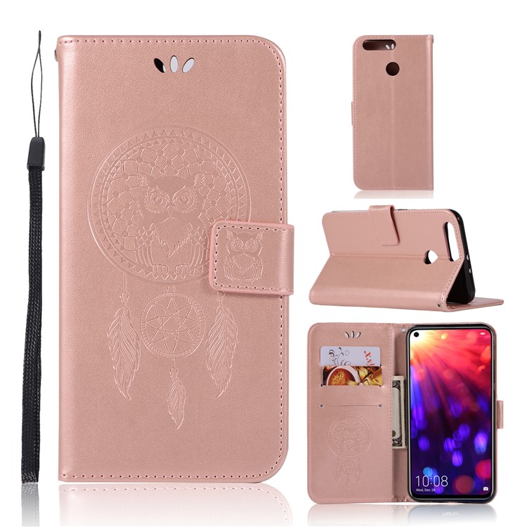 Imprint Owl Dream Catcher Wallet Stand Leather Shell for Huawei Honor View 20 / V20 - Rose Gold-1
