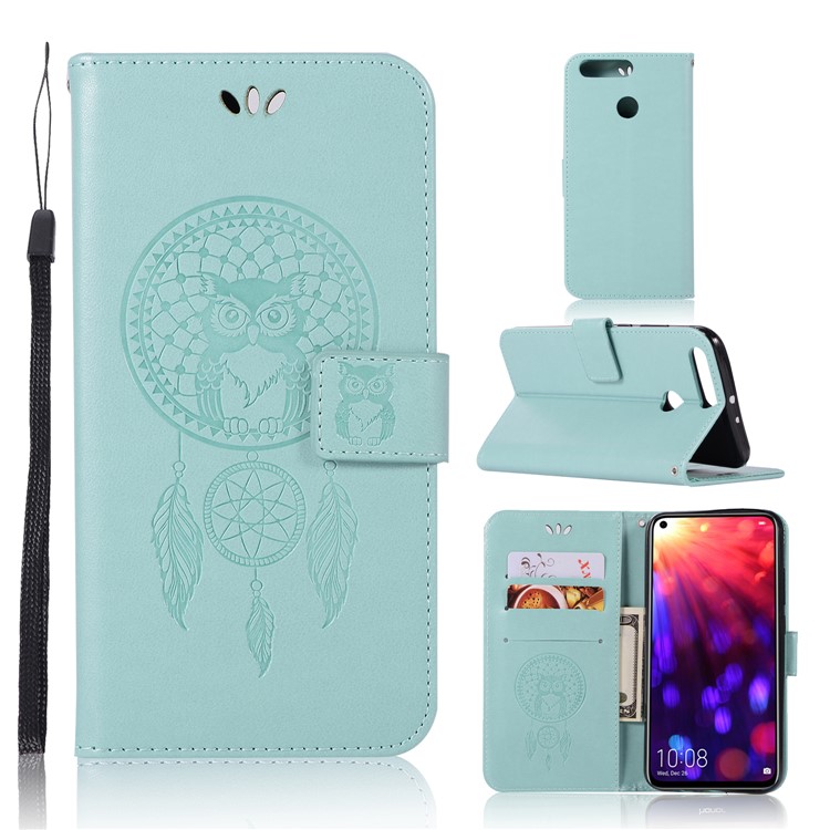 Imprint Owl Dream Catcher Wallet Stand Leather Mobile Phone Cover for Huawei Honor View 20 / V20 - Cyan-1