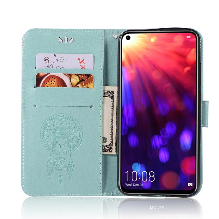 Imprint Owl Dream Catcher Wallet Stand Leather Mobile Phone Cover for Huawei Honor View 20 / V20 - Cyan-4