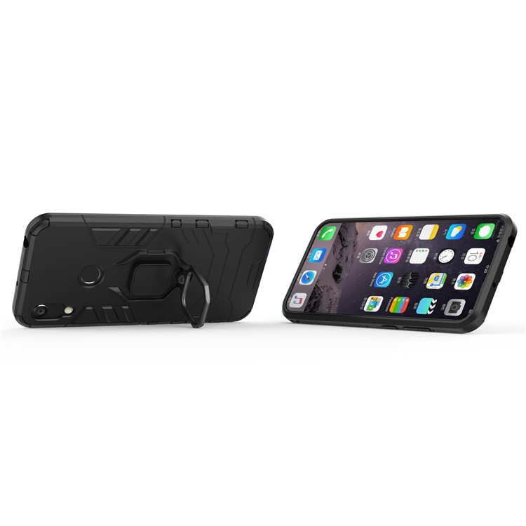 TPU + PC Hybrid Case Com Kickstand de Anel de Dedo Para Huawei Honor 8a / Y6 (2019, Com Sensor de Impressão Digital) / Y6 Prime (2019) - Preto