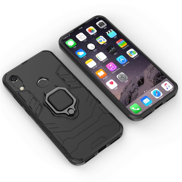 TPU + PC Hybrid Case Com Kickstand de Anel de Dedo Para Huawei Honor 8a / Y6 (2019, Com Sensor de Impressão Digital) / Y6 Prime (2019) - Preto