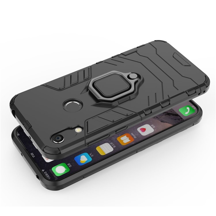 TPU + PC Hybrid Case Com Kickstand de Anel de Dedo Para Huawei Honor 8a / Y6 (2019, Com Sensor de Impressão Digital) / Y6 Prime (2019) - Preto